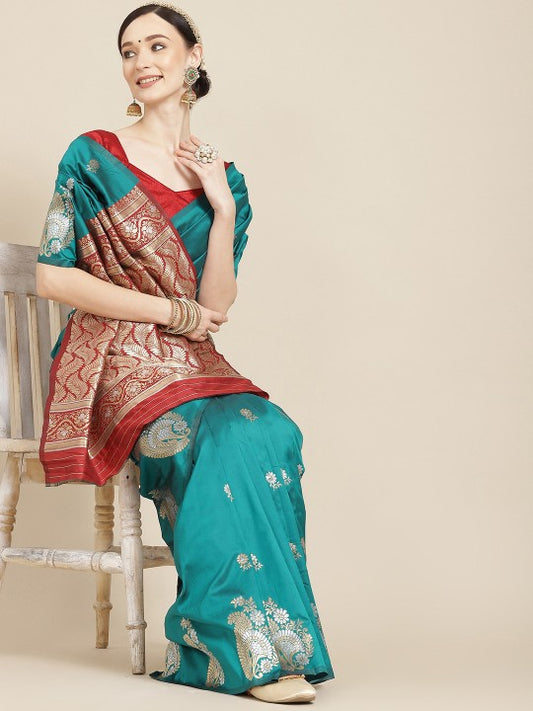 Teal & Red Ethnic Motifs Zari Silk Blend Banarasi Saree