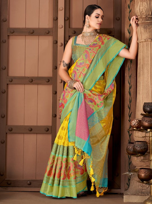 Yellow & Turquoise Blue Ethnic Motifs Zari Art Silk Banarasi Saree