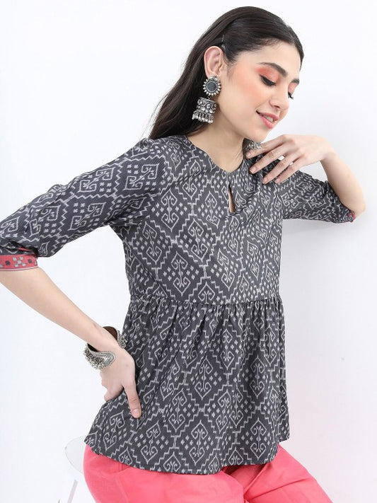 Ethnic Motifs Printed Keyhole Neck Top