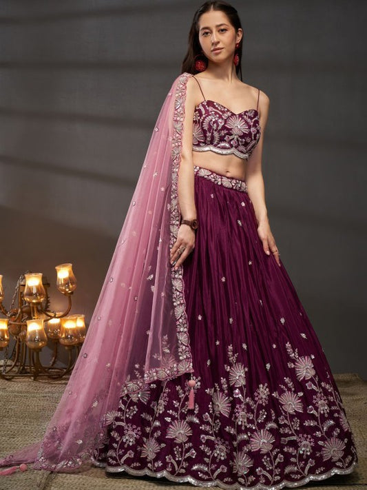 Embroidered Sequinned Semi-Stitched Lehenga & Unstitched Blouse With Dupatta