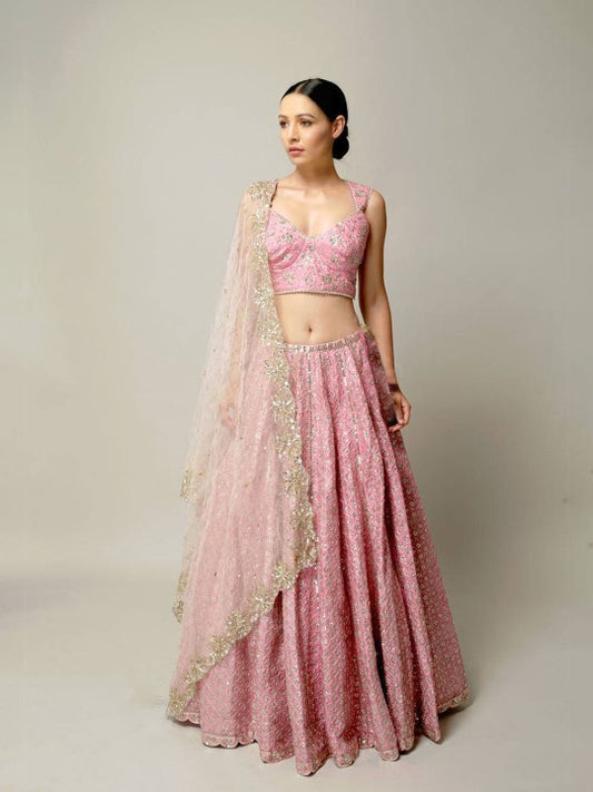 Embroidered Sequinned Semi-Stitched Lehenga & Unstitched Blouse With Dupatta