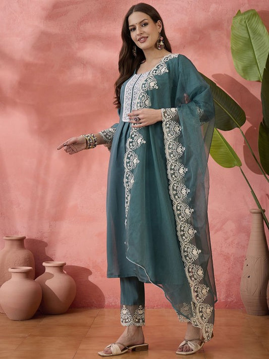 Teal Floral Yoke Design Patchwork Straight Kurta With Trousers And Dupatta