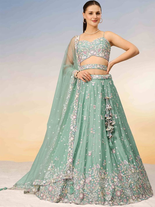 Embroidered Sequinned Semi-Stitched Lehenga & Unstitched Blouse With Dupatta