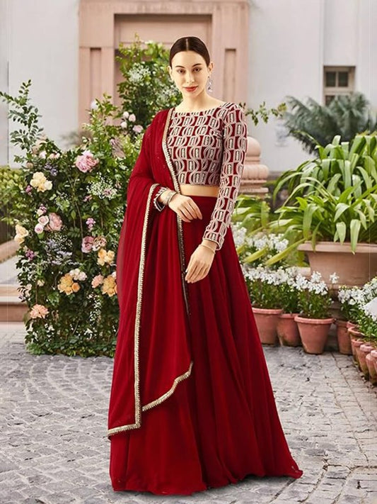 Embroidered Sequinned Semi-Stitched Red Lehenga & Unstitched Blouse With Dupatta