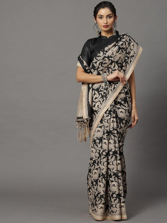 Black & Beige Ethnic Motifs Art Silk Bhagalpuri Saree