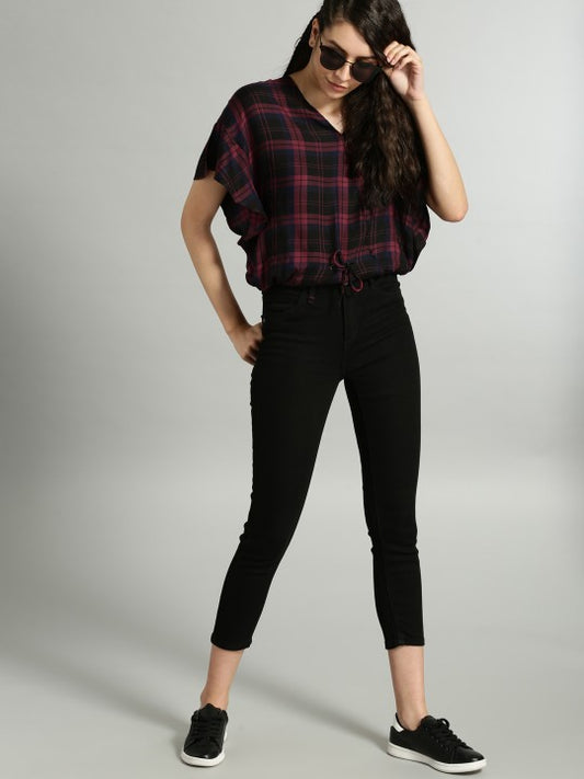 Women Maroon Checked Blouson Top