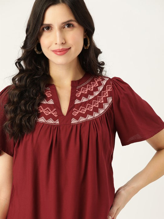 Maroon Solid Regular Top With Embroidered Detail