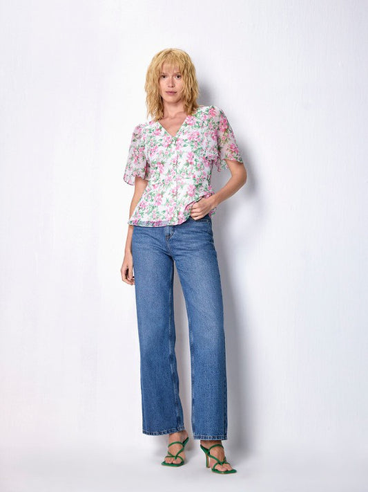 Floral Print Flared Sleeve Chiffon Shirt Style Top