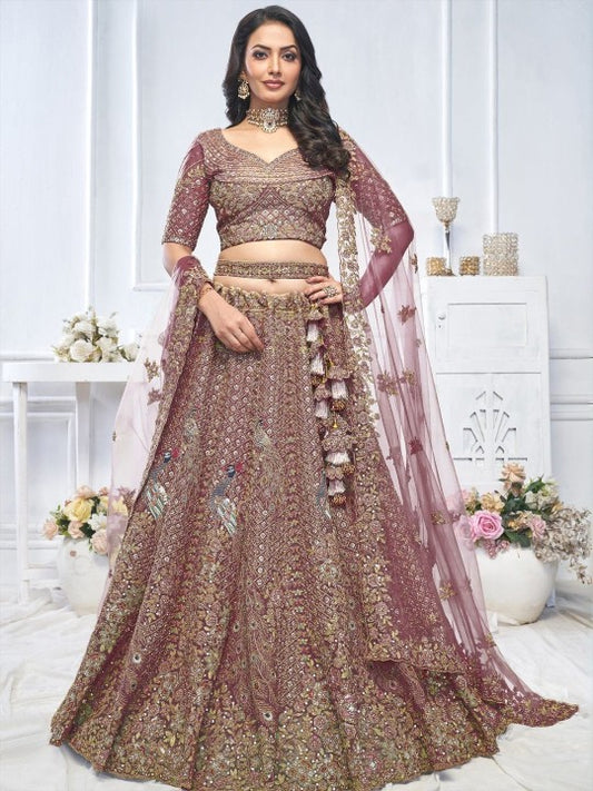 Embroidered Net Sequinned Semi-Stitched Lehenga & Unstitched Blouse With Dupatta