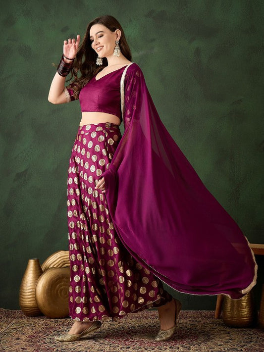 Foil Printed V-Neck Choli & Lehenga With Dupatta