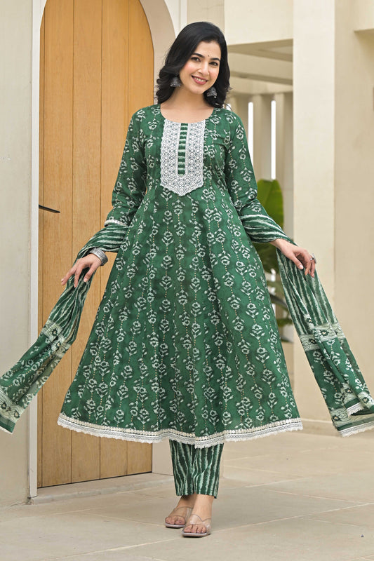 Green Floral Printed Pure Cotton Anarkali Salwar Suit