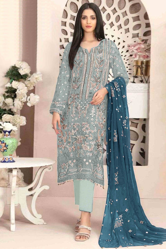 Blue Floral Embroidered With Handwork Georgette Semi Stitched Suit