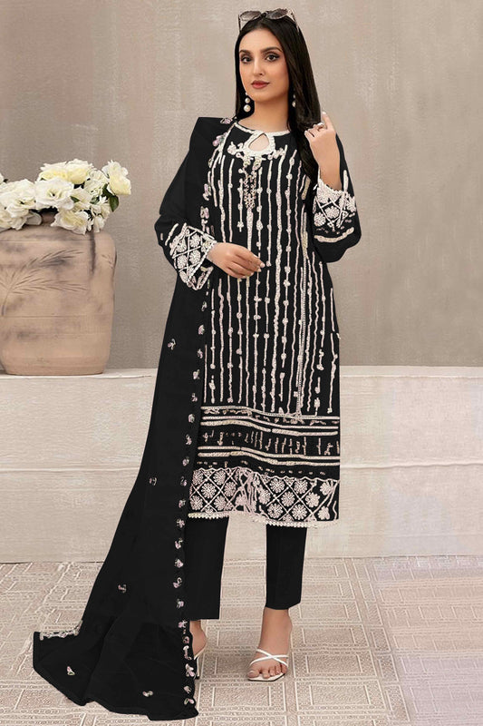 Black Floral Embroidered Georgette Semi Stitched Suit