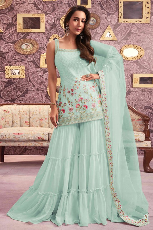 Light Sea Green Floral Sequins Embroidery Georgette Semi Stitched Suit