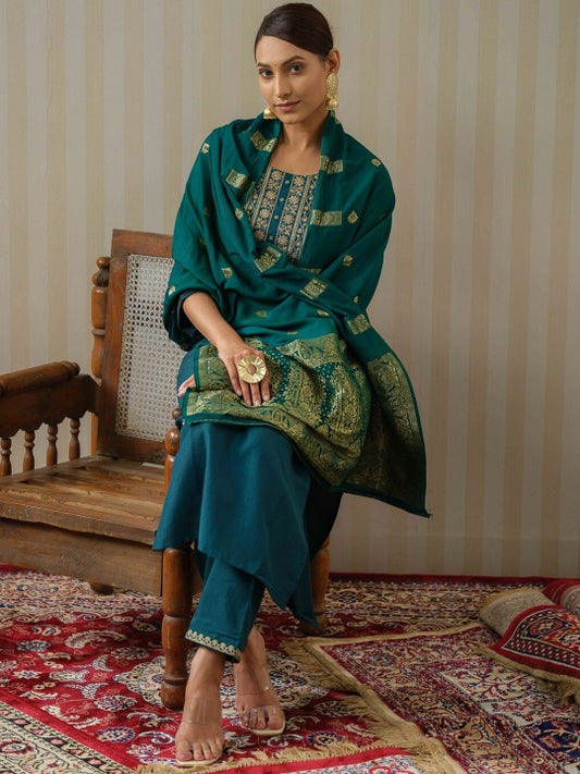 Blue Ethnic Motifs Straight Kurta & Trousers With Dupatta