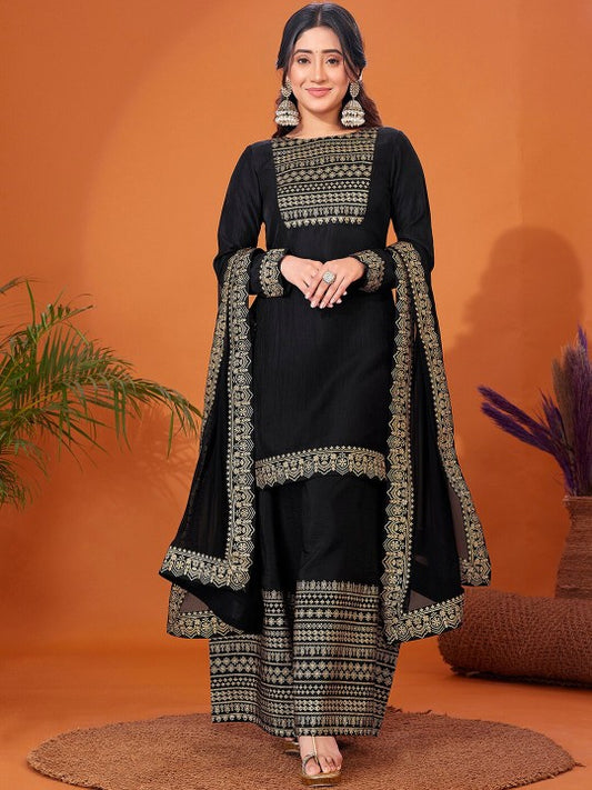 Foil Printed Long Sleeves Regular Kurta With Palazzos & Dupatta