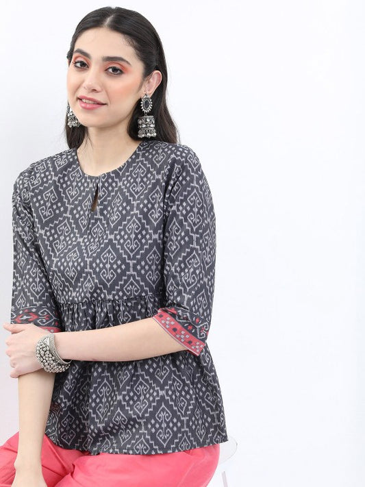 Ethnic Motifs Printed Keyhole Neck Top