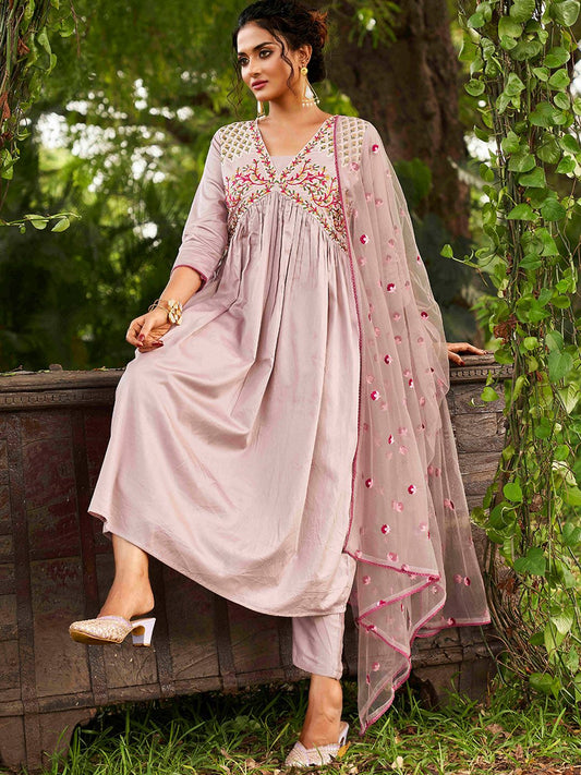 Floral Yoke Design Pleated Thread Work Kurta With Trousers & Dupatta