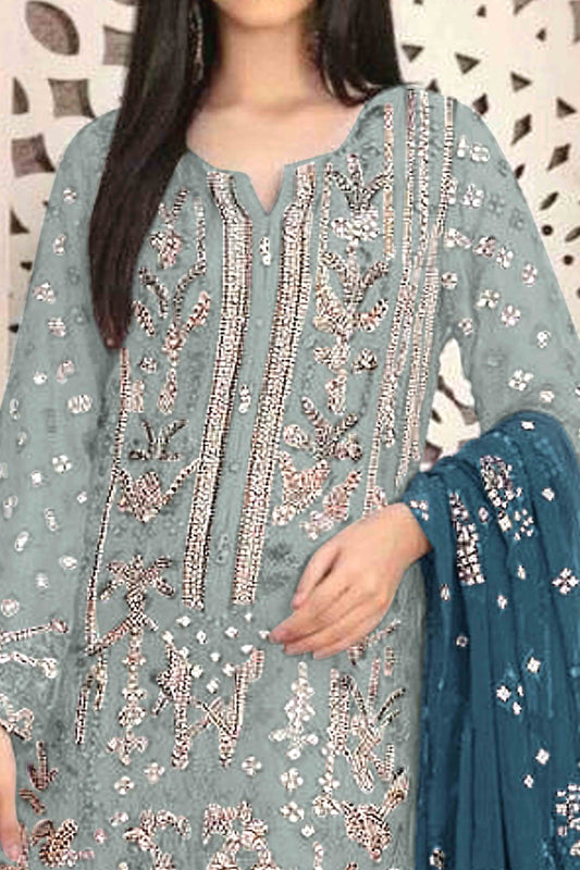 Blue Floral Embroidered With Handwork Georgette Semi Stitched Suit