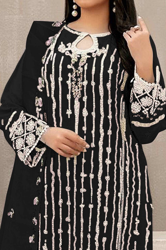 Black Floral Embroidered Georgette Semi Stitched Suit