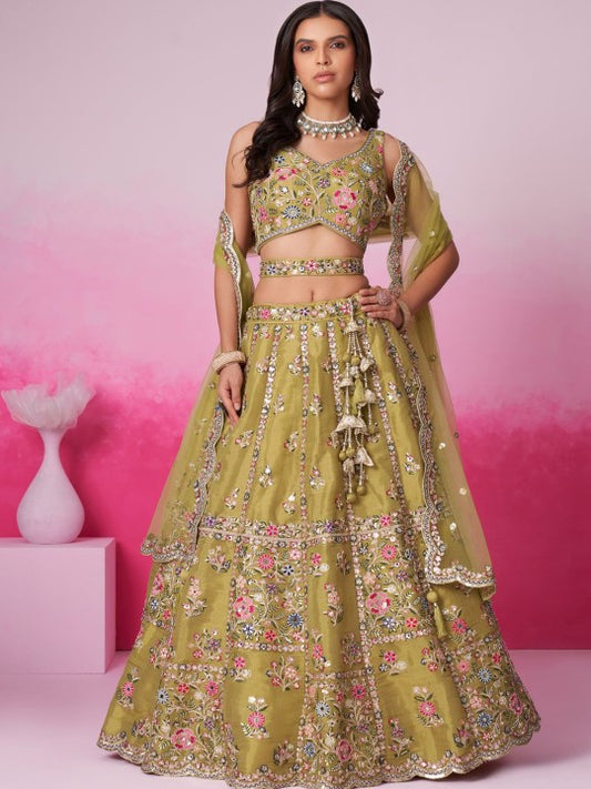 Embroidered Sequinned Semi-Stitched Lehenga & Unstitched Blouse With Dupatta