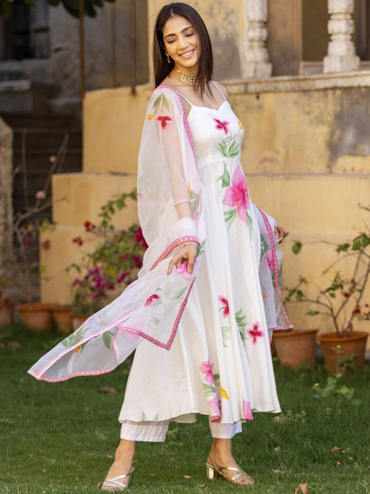 Floral Printed Anarkali Kurta with Trousers & Dupatta