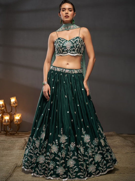 Embroidered Sequinned Semi-Stitched Lehenga & Unstitched Blouse With Dupatta