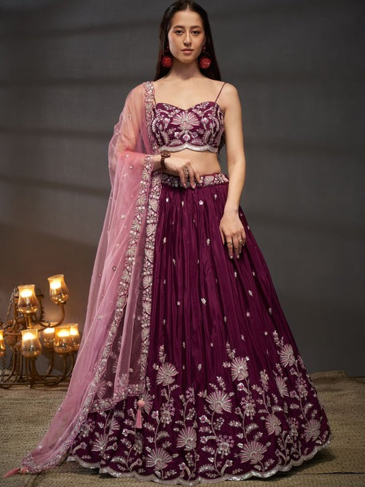 Embroidered Sequinned Semi-Stitched Lehenga & Unstitched Blouse With Dupatta