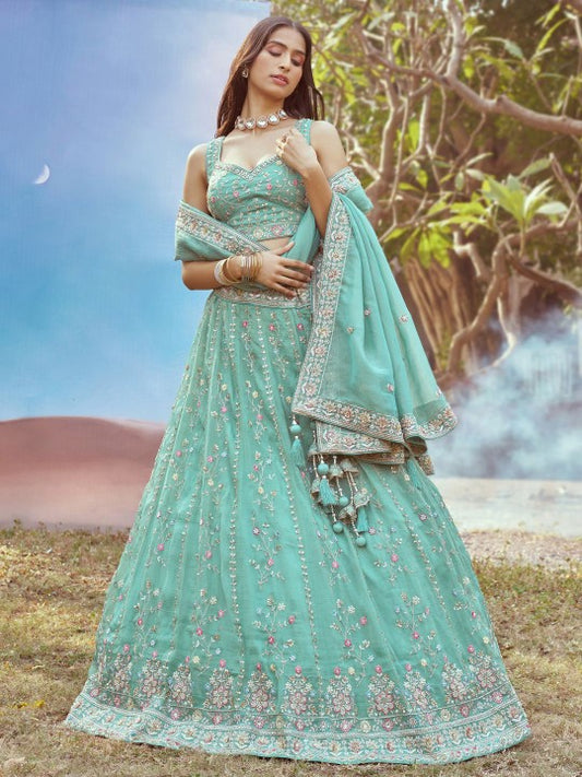 Embellished Tissue Semi-Stitched Lehenga & Unstitched Blouse With Dupatta