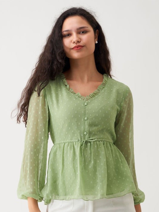 Self Design V-Neck Long Sleeve Gathered Cinched Waist Top