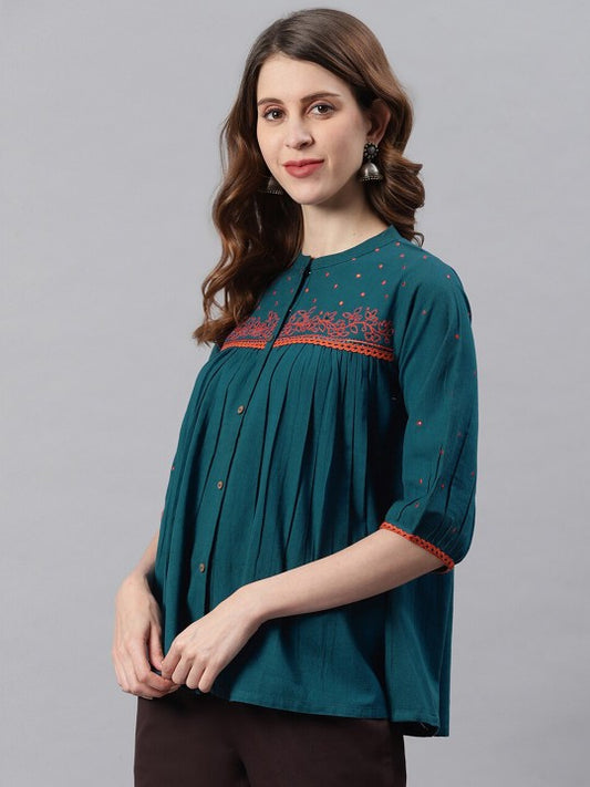 Women Floral Embroidered Mandarin Collar Puff Sleeves Cotton Regular Top