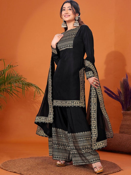 Foil Printed Long Sleeves Regular Kurta With Palazzos & Dupatta