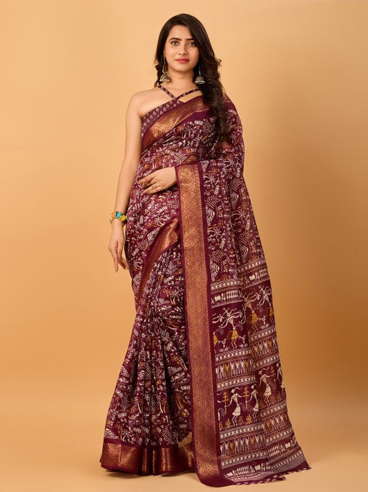 Warli Printed Zari Silk Cotton Chanderi Saree