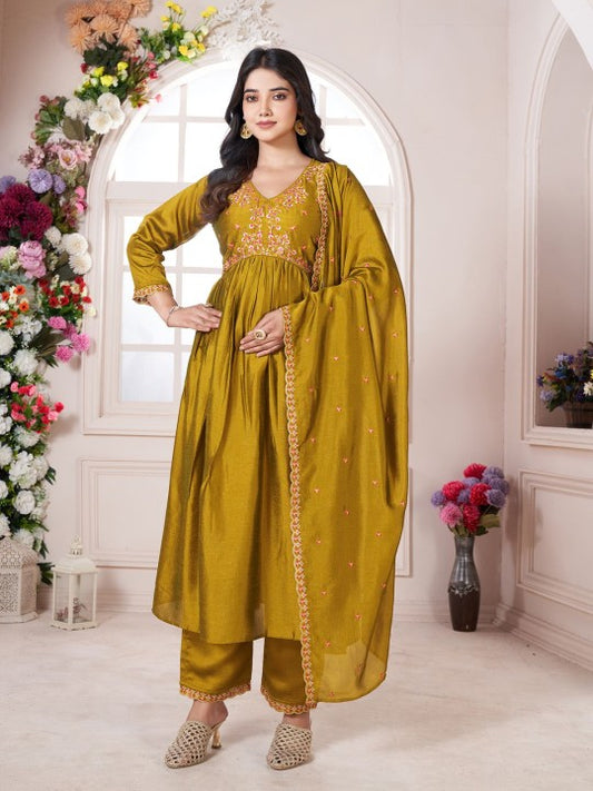 Floral Embroidered V-Neck Pleated Anarkali Kurta With Trousers & Dupatta