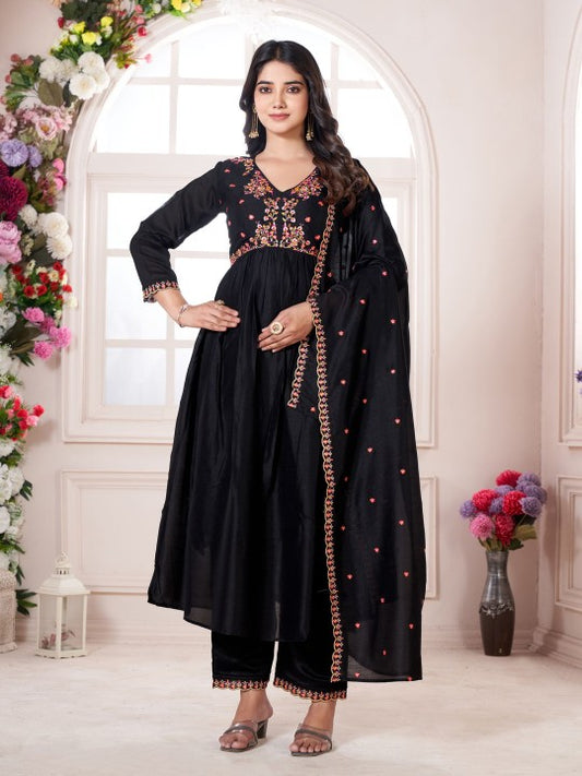 Floral Embroidered V-Neck Anarkali Kurta With Palazzos And Dupatta