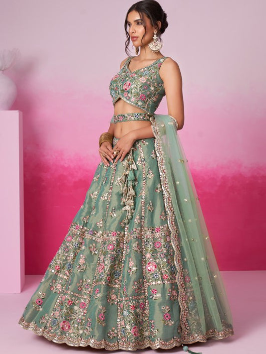 Embroidered Sequinned Semi-Stitched Lehenga & Unstitched Blouse With Dupatta