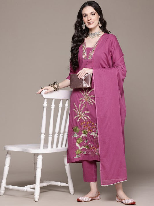 Floral Embroidered Pure Cotton Kurta with Trousers & Dupatta