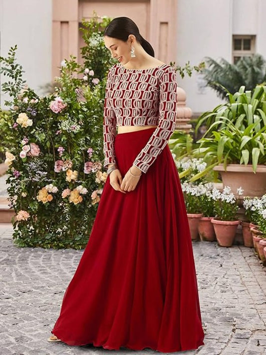 Embroidered Sequinned Semi-Stitched Red Lehenga & Unstitched Blouse With Dupatta