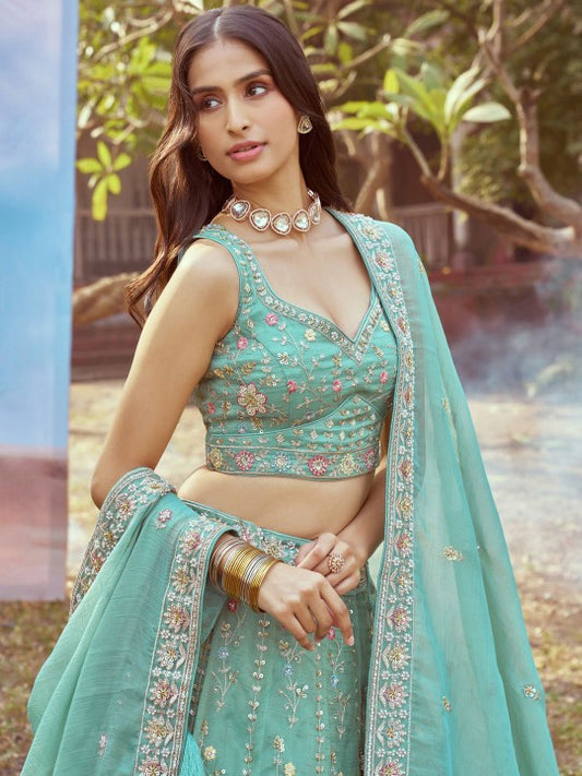 Embellished Tissue Semi-Stitched Lehenga & Unstitched Blouse With Dupatta