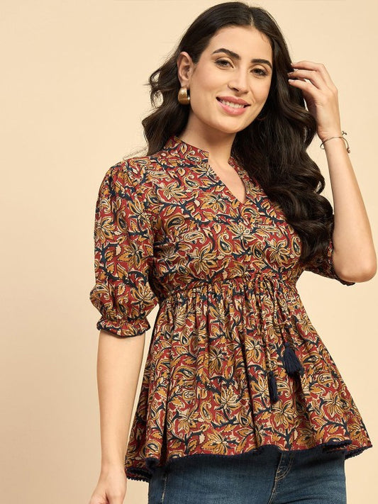 Women Ethnic Printed Mandarin Collar Cotton Top