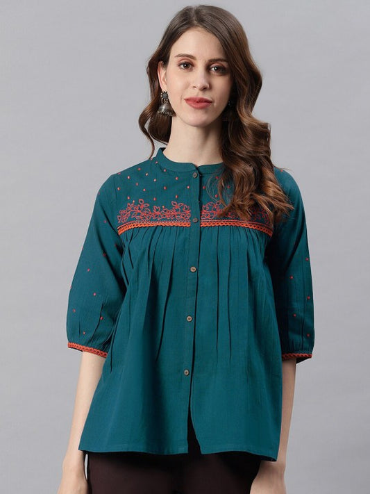 Women Floral Embroidered Mandarin Collar Puff Sleeves Cotton Regular Top