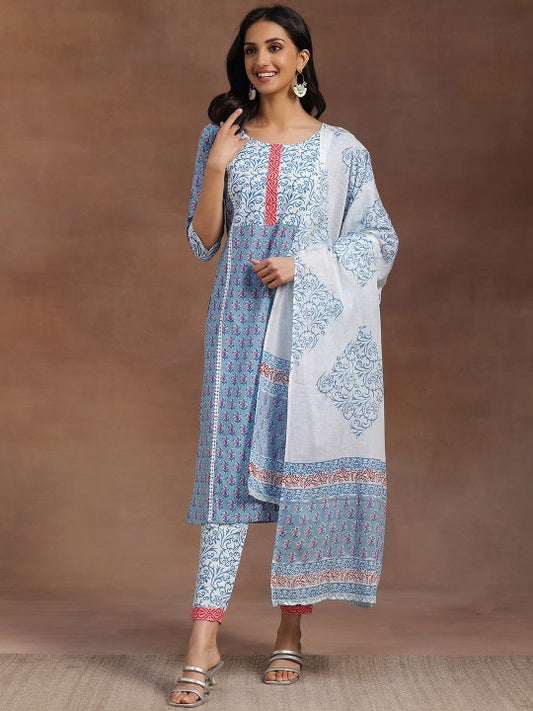 Women Blue Floral Printed Pure Cotton Kurta with Trousers & With Dupatta