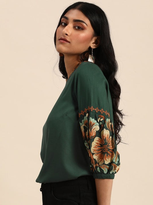 Green Embroidery Detail Top