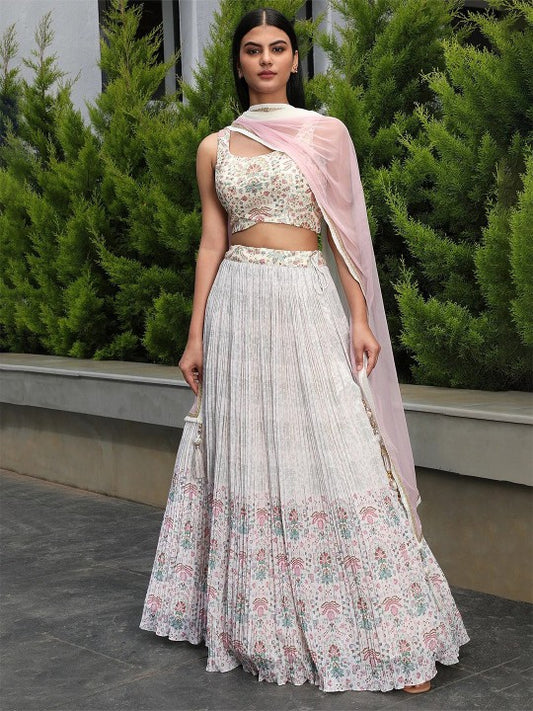 Floral Printed Semi-Stitched Pleated Lehenga Choli With Dupatta