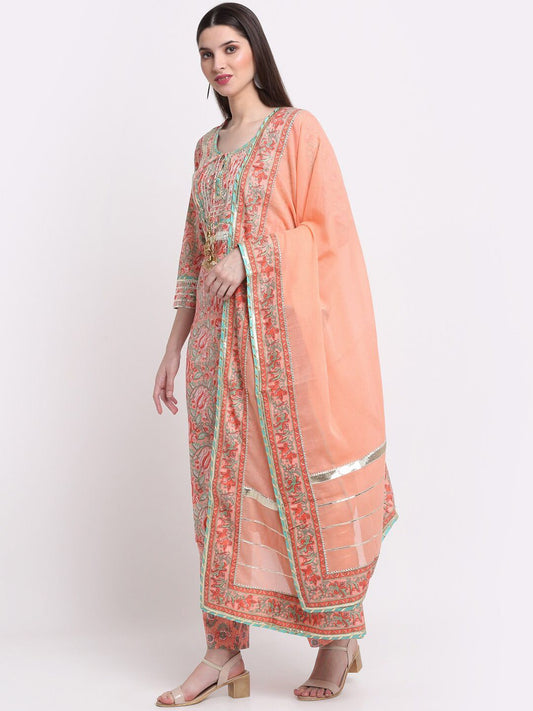 Women Peach-Coloured Paisley Printed Pure Cotton Kurta with Trousers & With Dupatta