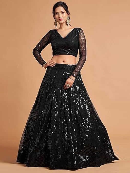 Embroidered Sequinned Semi-Stitched Lehenga & Unstitched Blouse With Dupatta