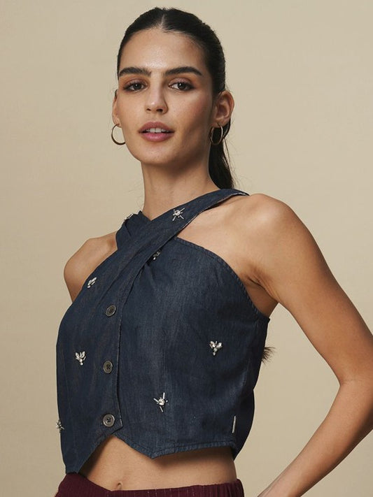 Embellished Halter Neck Cotton Top