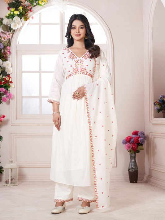 Floral Embroidered V-Neck Pleated Anarkali Kurta With Trousers & Dupatta