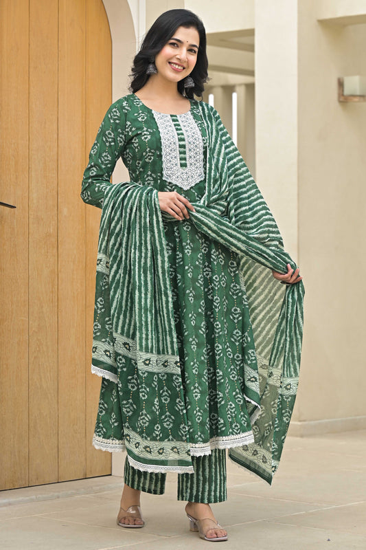 Green Floral Printed Pure Cotton Anarkali Salwar Suit