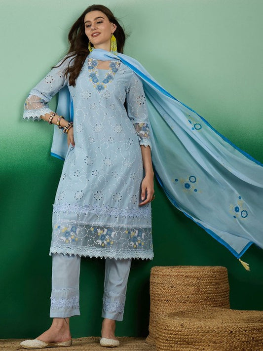 Embroidered Cotton Straight Kurta With Trouser & Dupatta Set